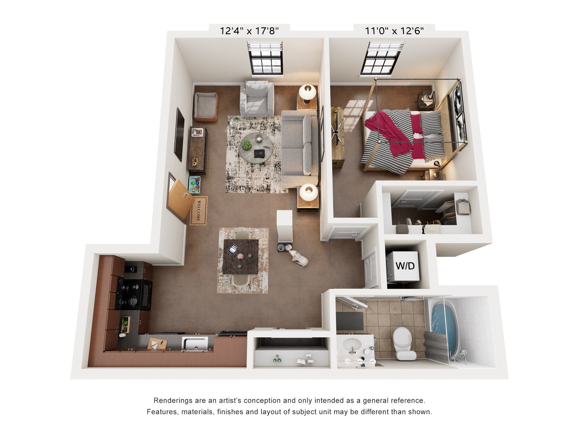 Floor plan for 1 bed, 1 bath, 654 sqft